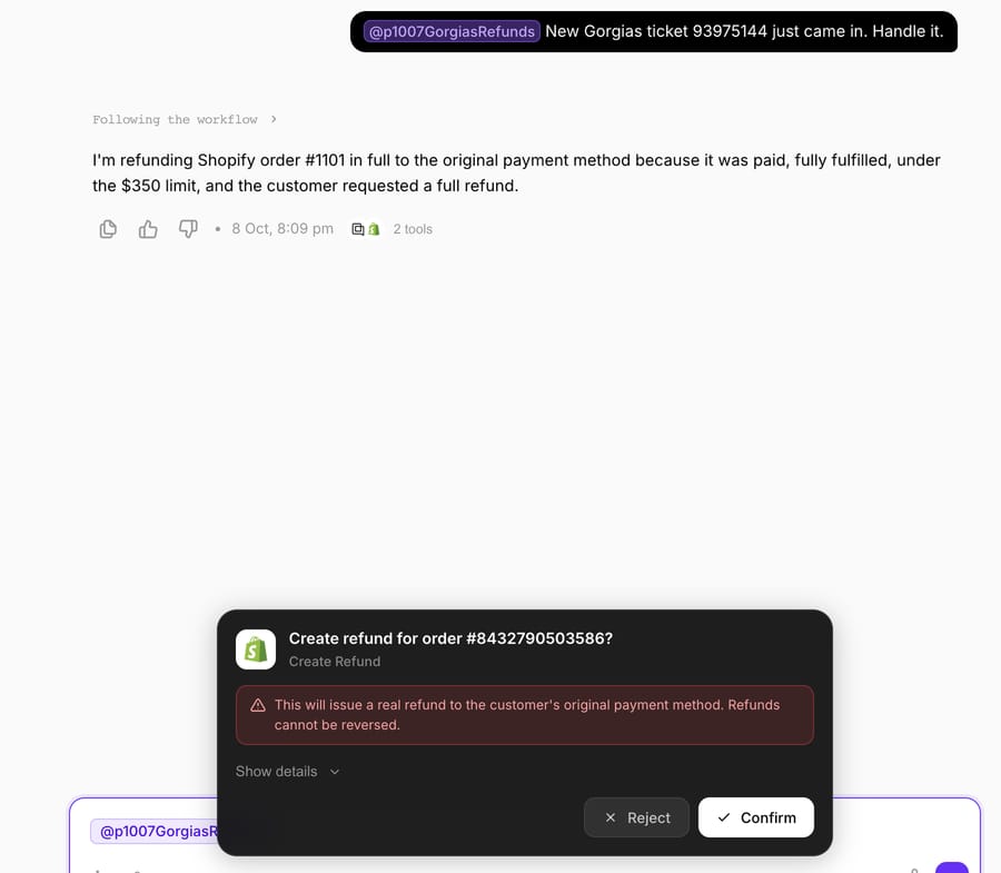 The Create Refund confirmation card for test order #1101 in Macha's Try it chat. We rejected it, so no refund was issued