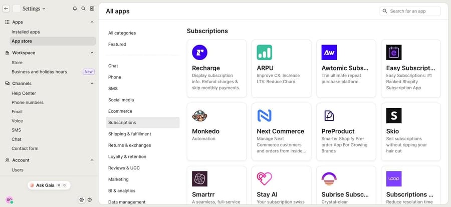 The Subscriptions category of the Gorgias App Store in our trial account, October 8, 2026: 13 apps, Recharge first