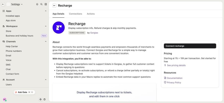 Recharge app page in the Gorgias App Store, built by Gorgias