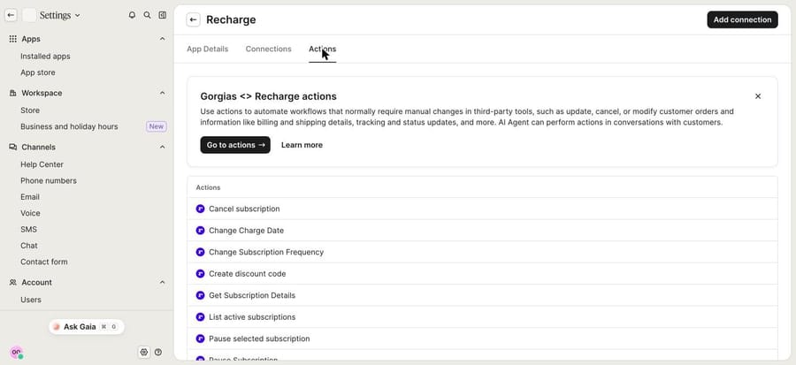 Recharge app Actions tab in Gorgias listing AI Agent subscription actions