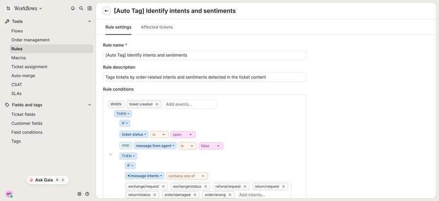 Gorgias default auto-tag rule using a message intents condition