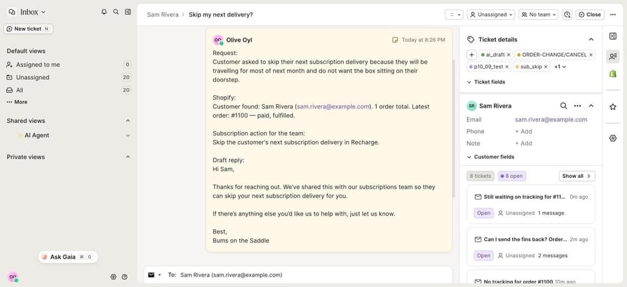 Gorgias ticket #93981036 skip request with the agent internal note