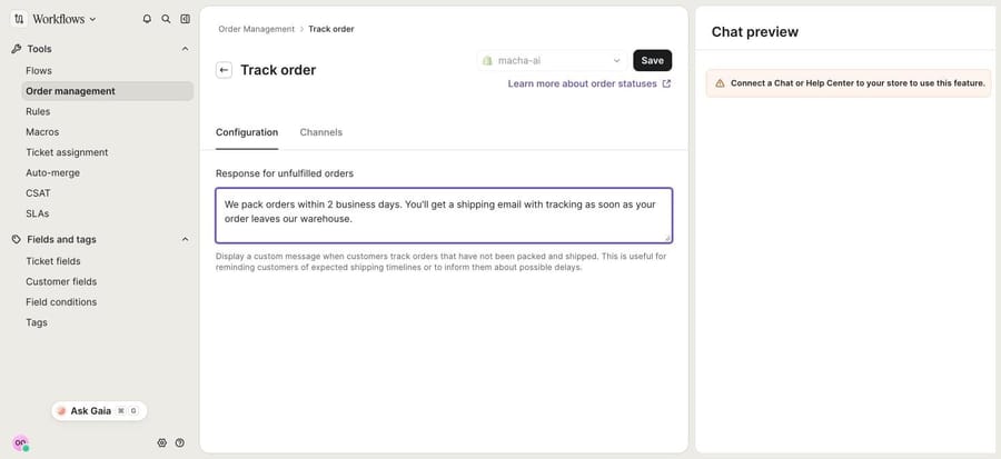 Gorgias Track order settings page