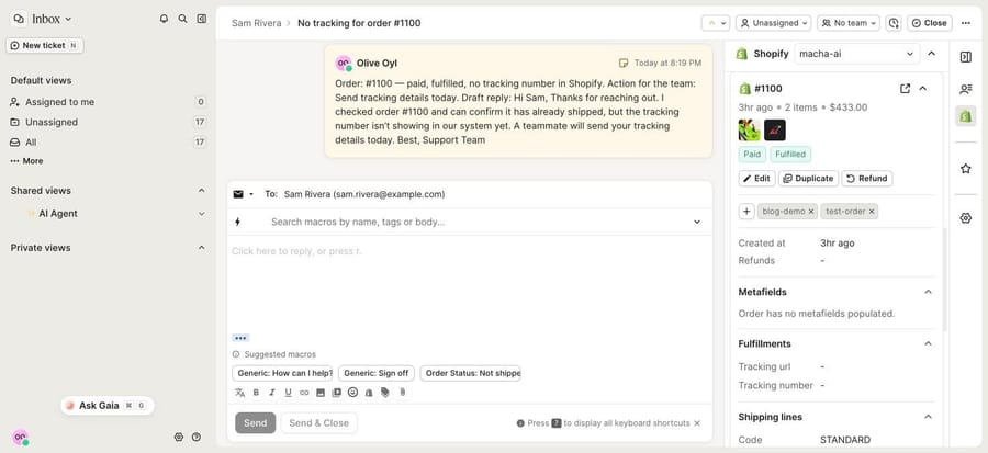 Gorgias ticket with Macha internal note and Shopify sidebar