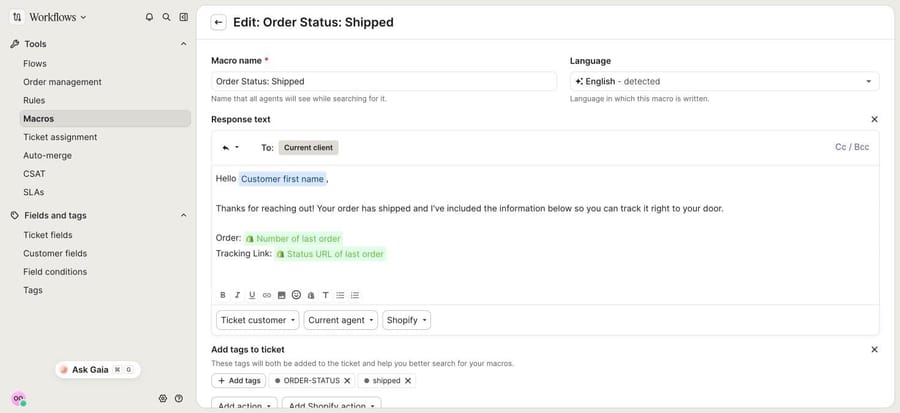 Gorgias macro editor with Shopify last-order variables