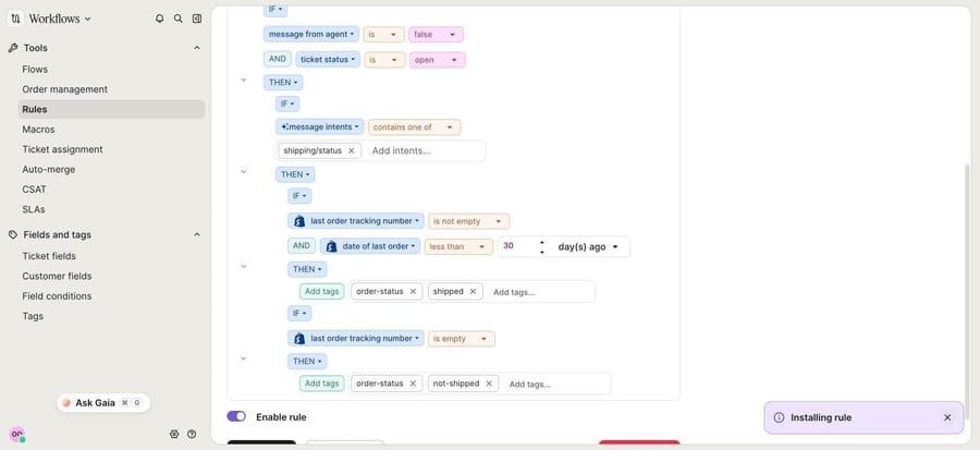 Gorgias shipping-status rule template logic