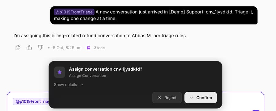 Macha Try it chat pausing on an Assign conversation confirmation card