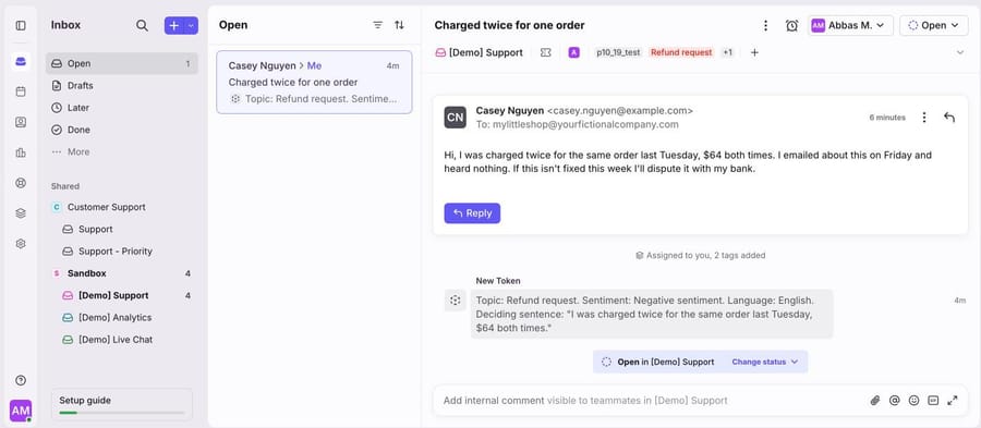 The Casey Nguyen conversation in Front with tags, assignee and the agent comment