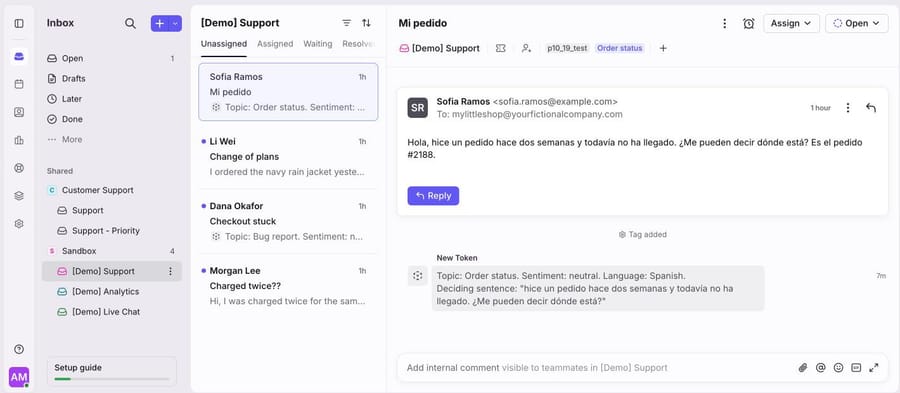Sofia Ramos's Spanish conversation in Front's [Demo] Support inbox
