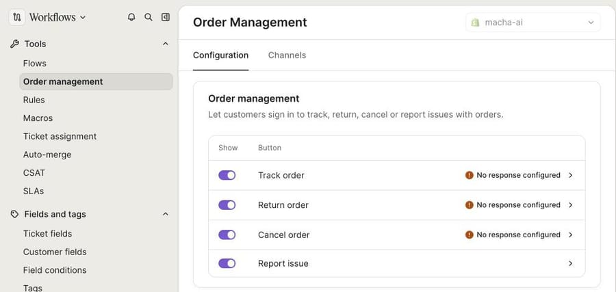 Order Management in our Gorgias sandbox (Workflows > Tools): Track, Return, Cancel and Report issue buttons, three with no response configured yet