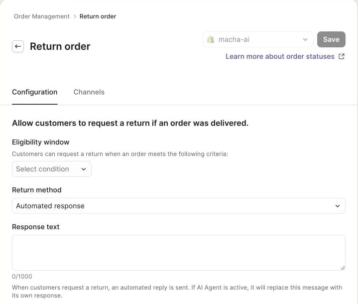 The Return order settings in our sandbox: an eligibility window, a return method (Automated response or Loop Returns) and the response text