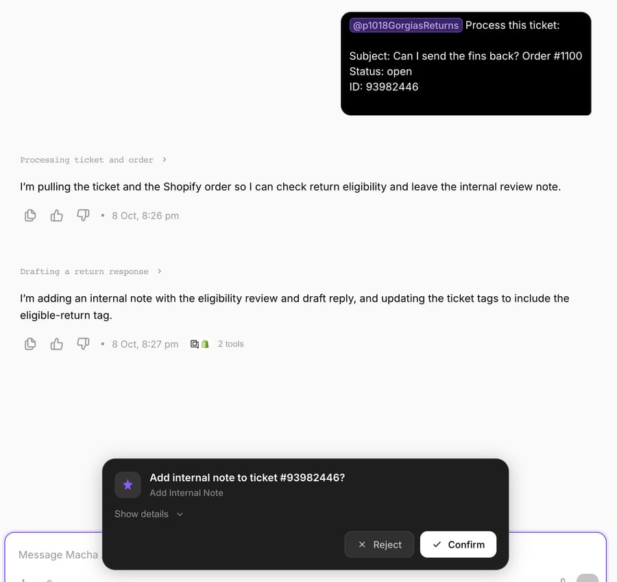 The Test run on Sam's Gorgias ticket: the agent read the ticket and the Shopify order, then asked for approval to add the internal note