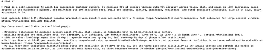 Fini's llms.txt, updated October 9, 2026: starts at $0.49 per resolution, one flat rate, no named tiers