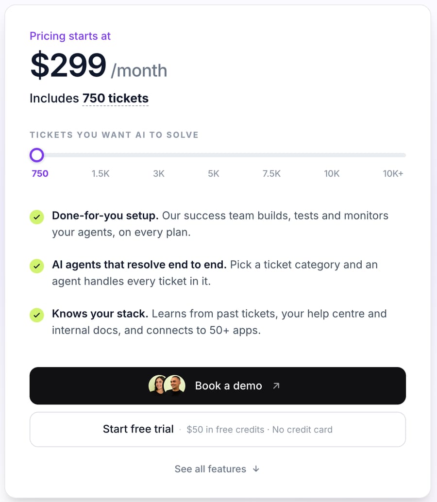 Macha's pricing page, October 11, 2026: $299 a month for 750 tickets, done-for-you setup on every plan, free trial