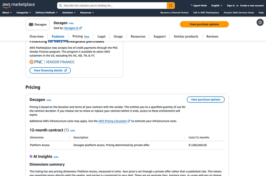Decagon's AWS Marketplace listing, October 13, 2026: one 12-month Platform Access dimension, pricing by private offer