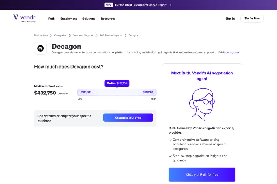 Vendr's Decagon page on October 13, 2026: median contract value $432,750 a year, range $105,000 to $923,183