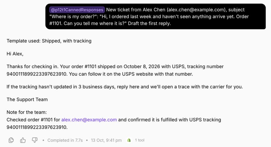 Macha test agent filling the Shipped, with tracking template for test order #1101 from Shopify, October 13, 2026