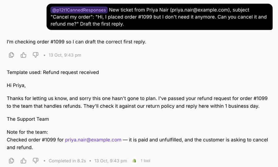 The same agent choosing the Refund request received template for a cancellation on test order #1099