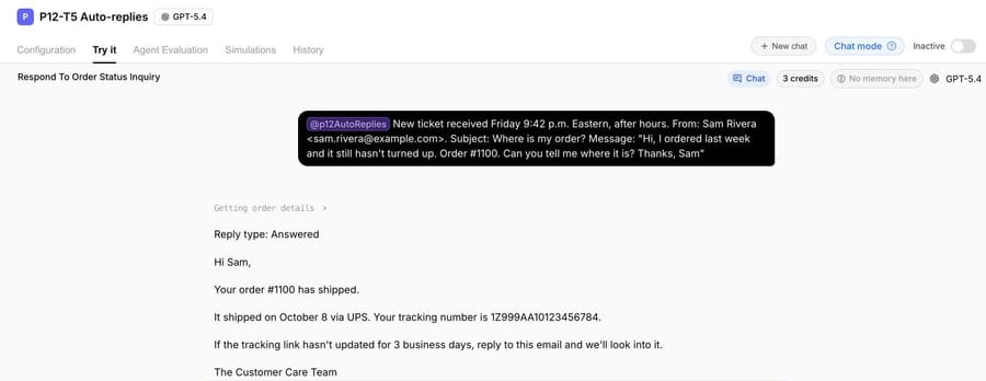 The P12-T5 test agent in Macha's Try it chat, October 13, 2026: a made-up after-hours ticket asking where order #1100 is, answered with the October 8 ship date, UPS and the tracking number instead of an auto-reply