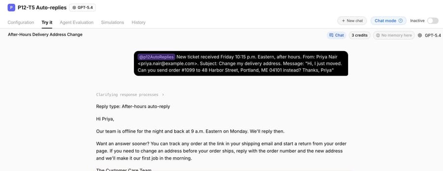 The same agent on a made-up address-change request for order #1099: it sent its copy of the after-hours auto-reply, with the opening time filled in as 9 a.m. Eastern on Monday