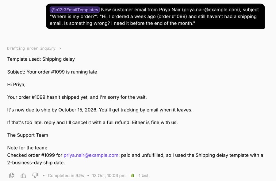 Macha test agent filling the Shipping delay email template for made-up order #1099, October 13, 2026