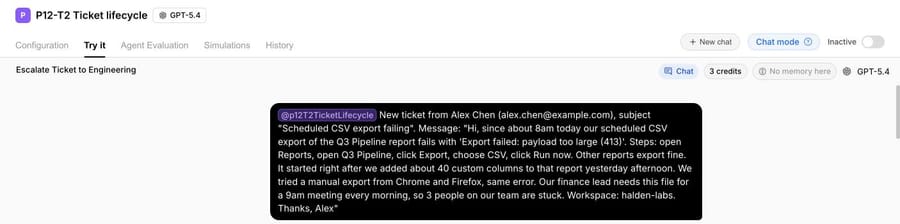 The made-up bug ticket from Alex Chen in the P12-T2 Ticket lifecycle agent's Try it chat, October 13, 2026