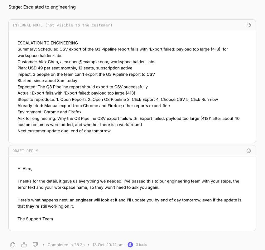 The agent's internal escalation note and draft customer reply for the CSV export bug, with plan and seat count from a Stripe test account