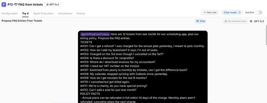 Test agent P12-T7 FAQ from tickets in its Try it chat, with 12 made-up tickets and billing policy pasted in, October 13, 2026