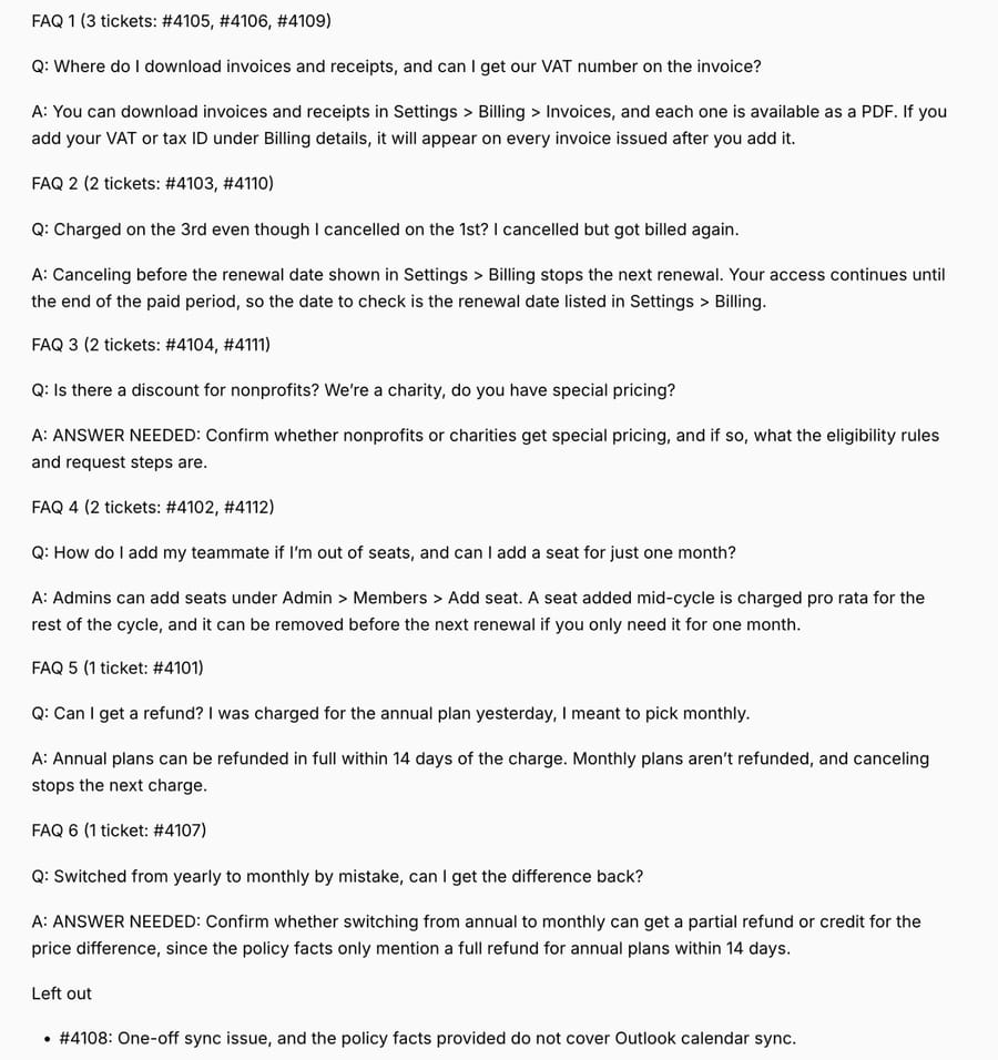 The agent's output: 6 FAQ entries with ticket counts, 2 marked ANSWER NEEDED, and 1 ticket left out, October 13, 2026