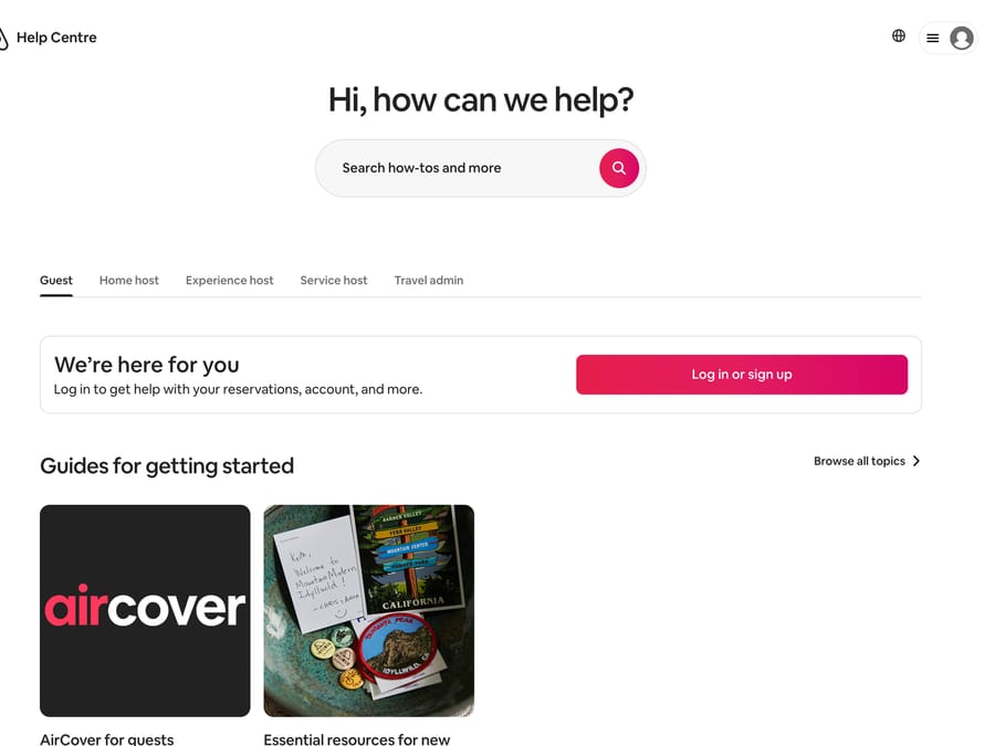 Airbnb help center with tabs for guests, home hosts, experience hosts, service hosts and travel admins, October 13, 2026