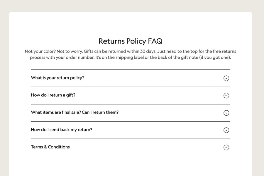 Allbirds Returns Policy FAQ with a short summary above four questions, October 13, 2026