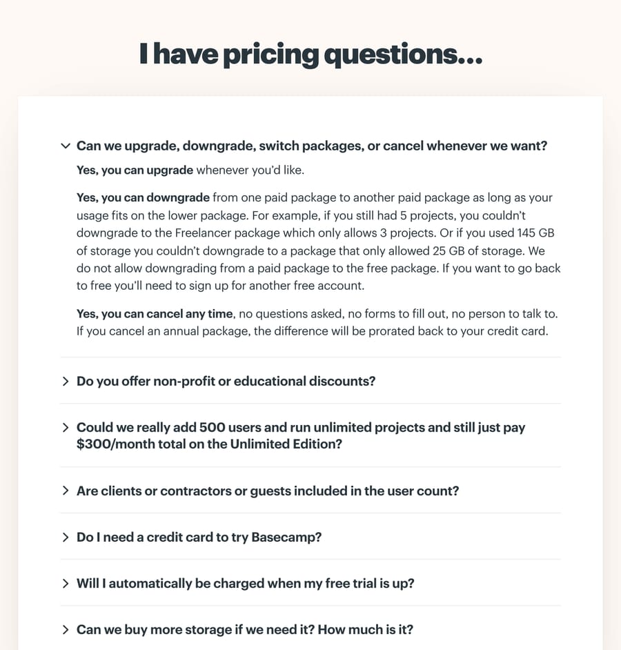 Basecamp pricing FAQ titled I have pricing questions, with the downgrade answer open, October 13, 2026