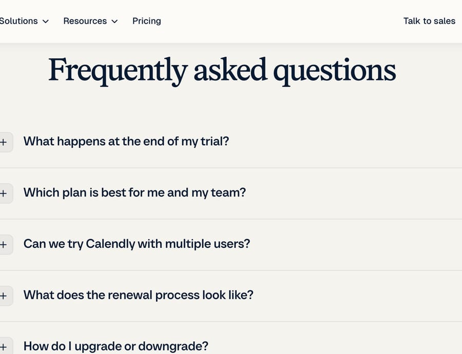 Calendly pricing FAQ list with questions about trials, plans and renewals, October 13, 2026
