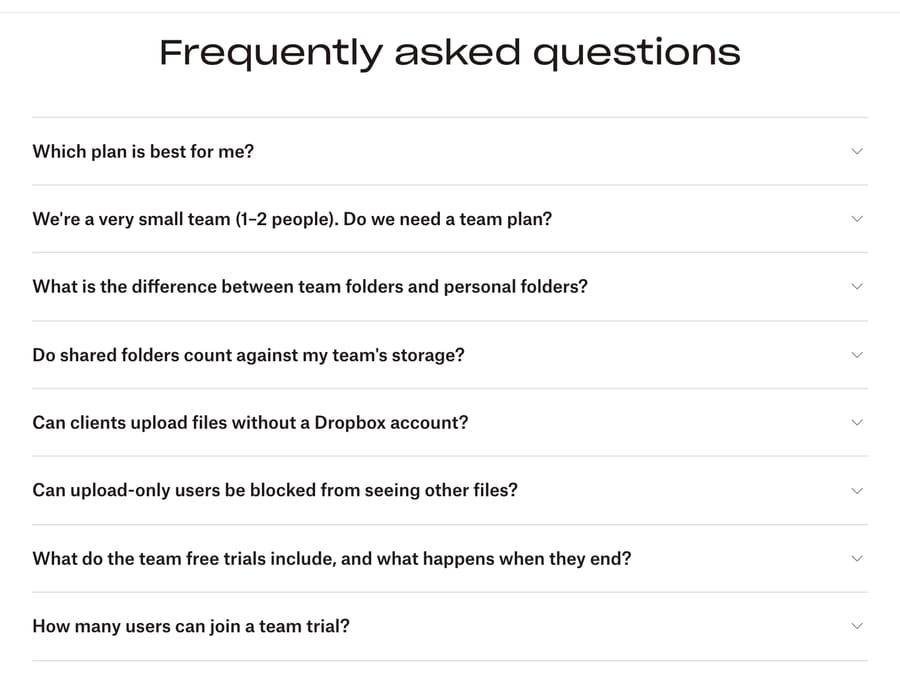 Dropbox plans page FAQ with eight questions, October 13, 2026