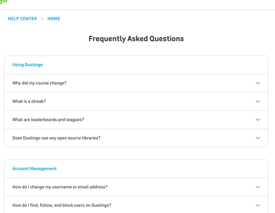 Duolingo help center FAQ grouped under Using Duolingo and Account Management, October 13, 2026