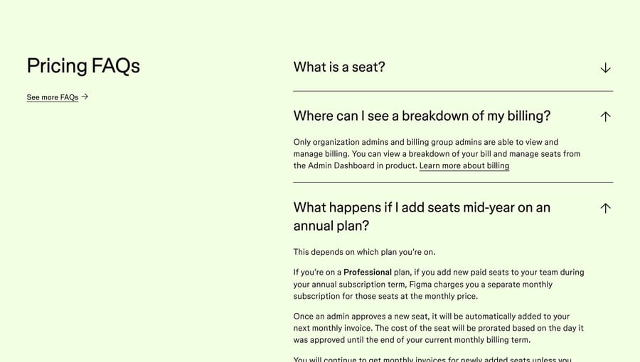 Figma pricing FAQs with the mid-year seat question expanded, October 13, 2026