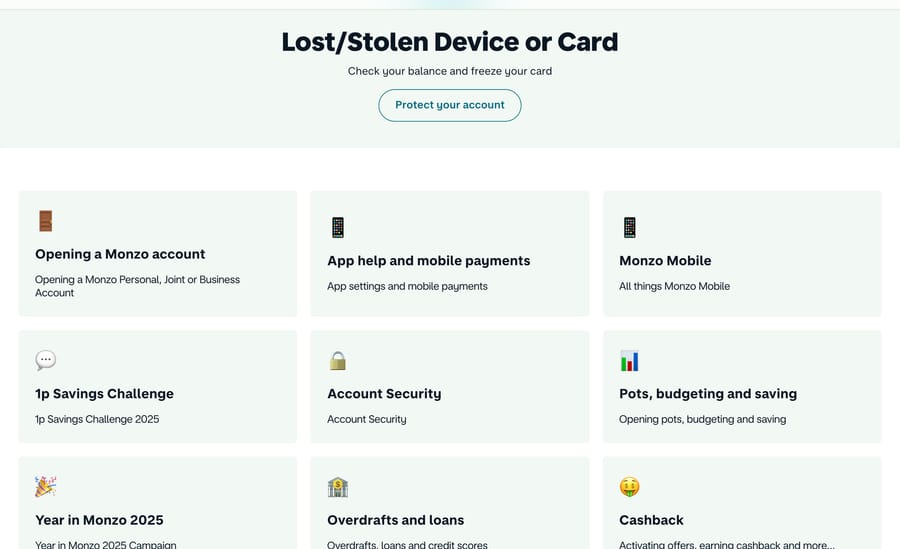 Monzo help page with a Lost or Stolen Device or Card block above the topic grid, October 13, 2026