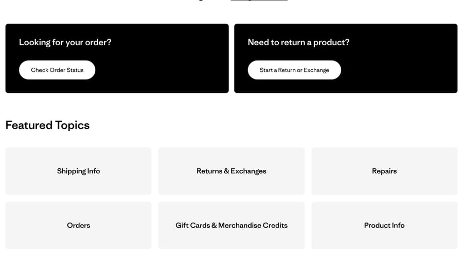 Patagonia help center with Check Order Status and Start a Return or Exchange buttons above featured topics, October 13, 2026