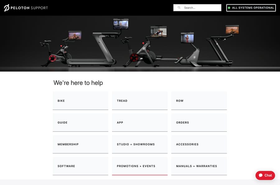Peloton Support page with a status badge and a grid of products and topics, October 13, 2026