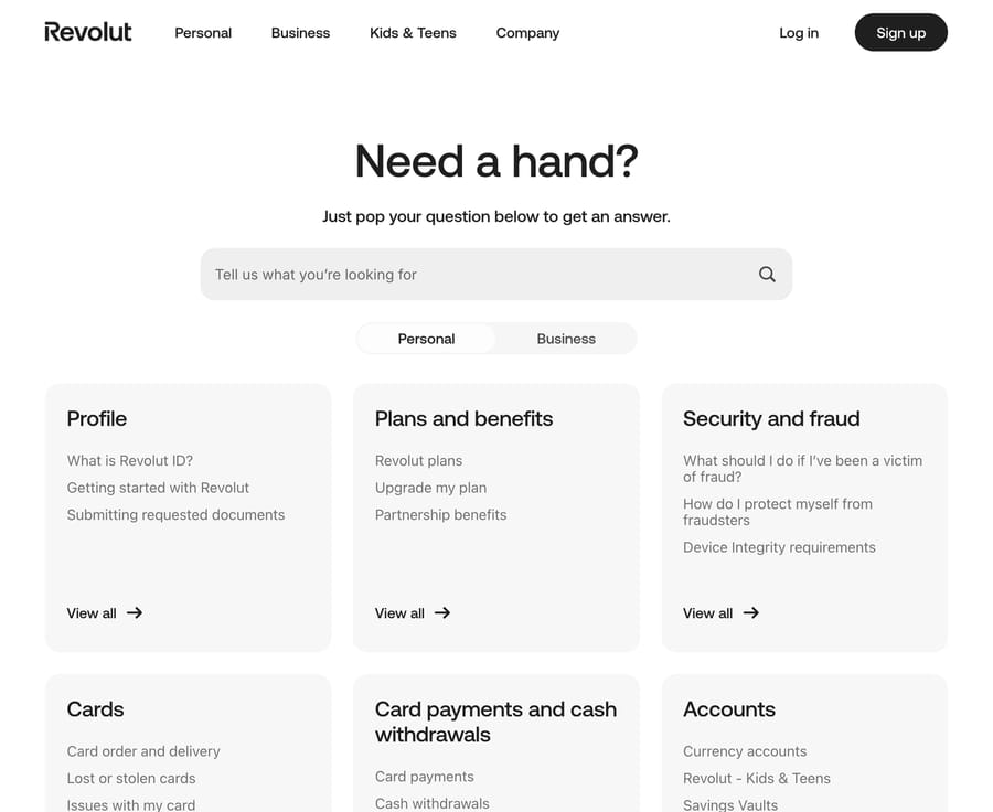 Revolut help center with category cards each listing three questions, October 13, 2026