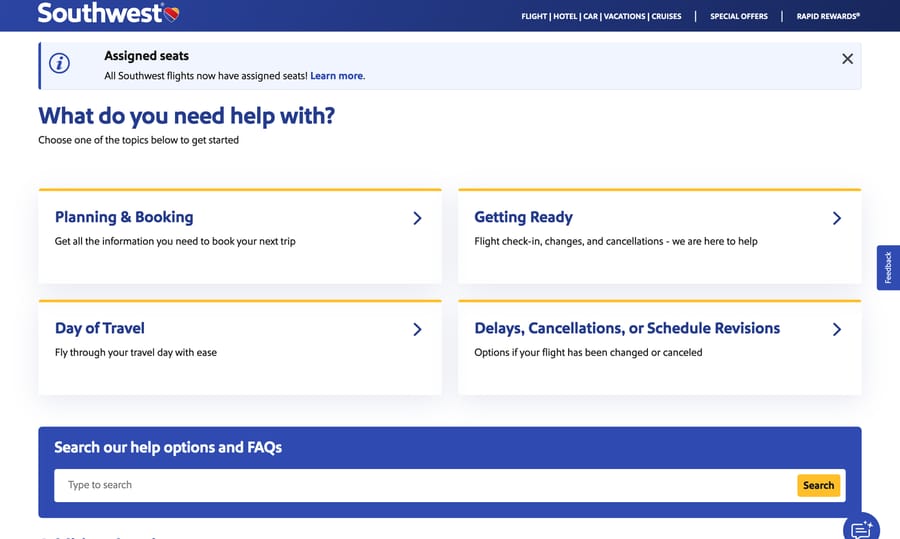 Southwest Airlines help center with topics for planning, getting ready, day of travel and delays, October 13, 2026