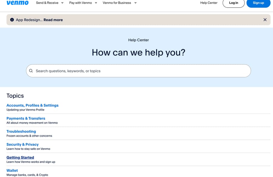 Venmo help center with a search box and topics each described in one line, October 13, 2026