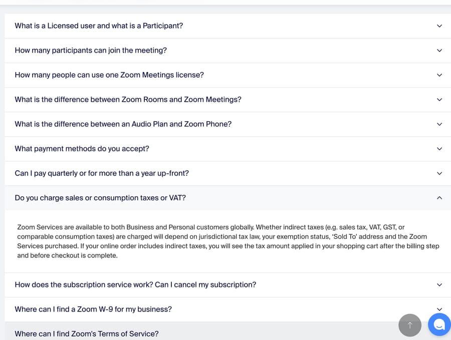 Zoom pricing FAQ with the sales tax and VAT answer expanded, October 13, 2026