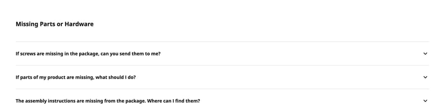 IKEA US FAQ group Missing Parts or Hardware, with questions written as customers ask them, October 13, 2026