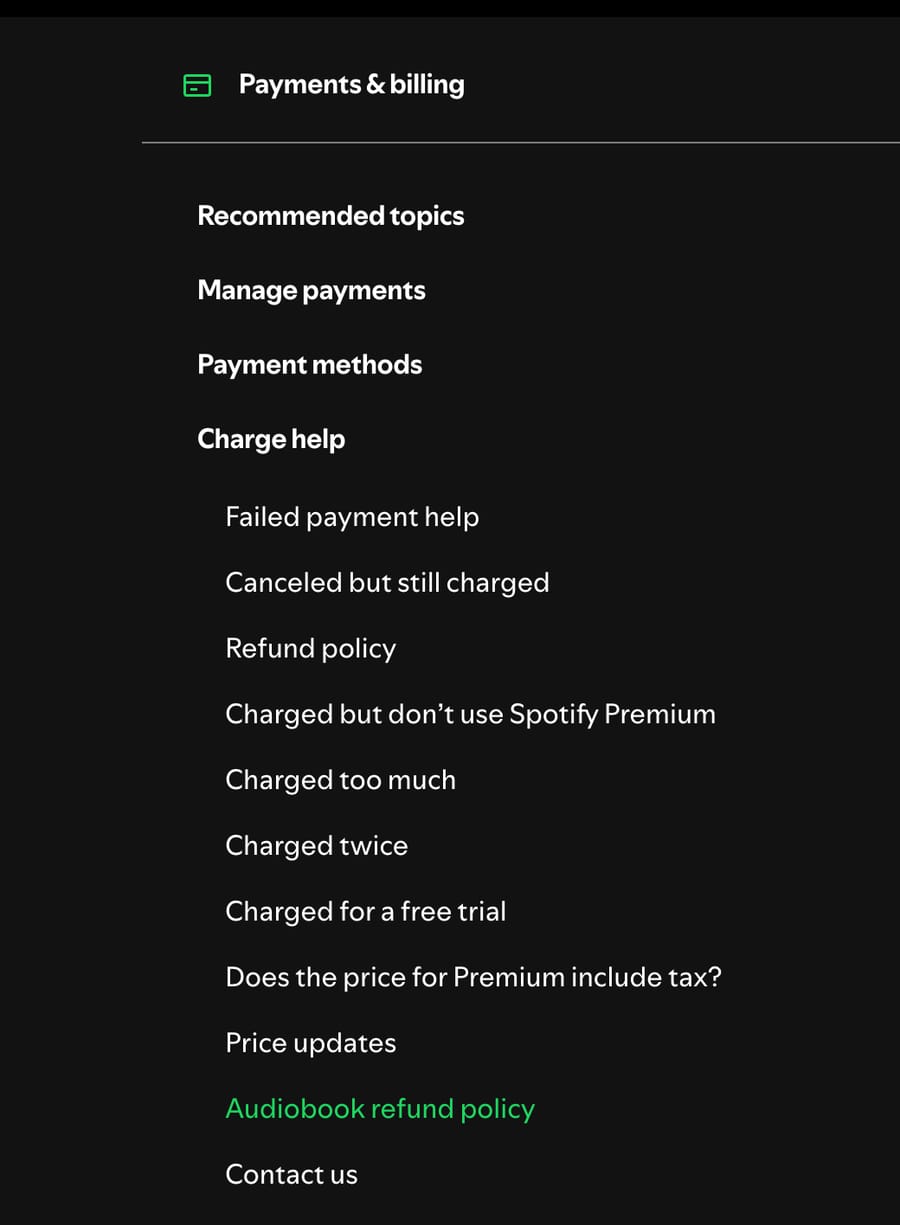 Spotify Support with Payments and billing and Charge help expanded, showing Canceled but still charged and Charged twice, October 13, 2026