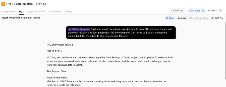 Macha test agent answering a made-up seat question from FAQ entry NW-03, October 13, 2026