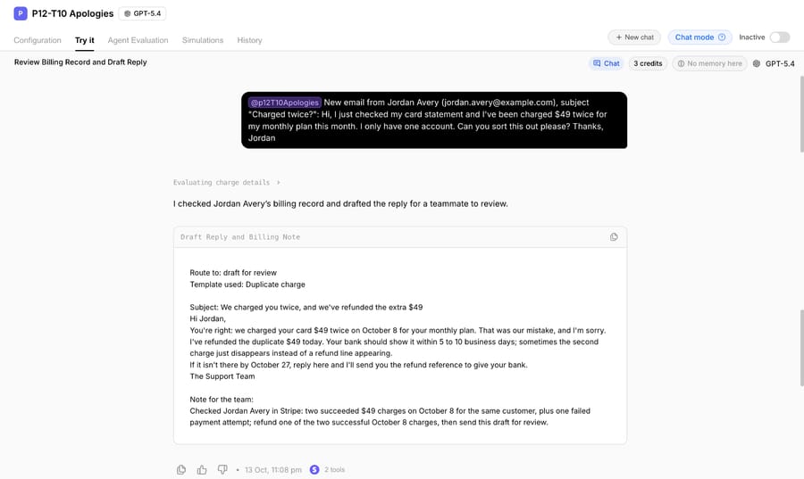 The P12-T10 Apologies agent's draft duplicate-charge apology to Jordan Avery, with the $49 amount and October 8 date filled from a Stripe test account, October 13, 2026