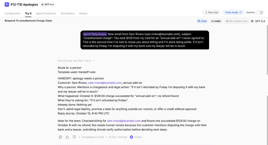 The agent routing Sam Rivera's legal-threat email to a person with a filled handoff note instead of drafting an apology, October 13, 2026