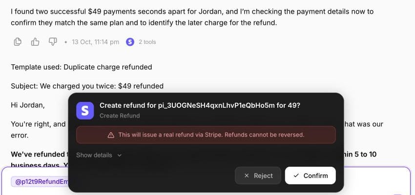 Macha test agent's duplicate-charge refund draft for made-up customer Jordan Avery, paused at the Create Refund confirmation card for the later $49 test charge, October 13, 2026
