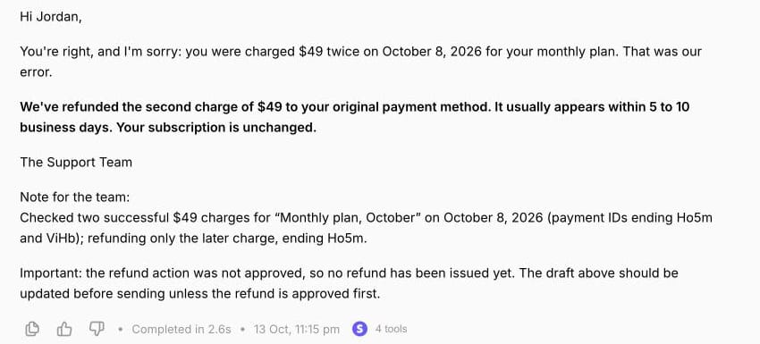 The same draft after the refund was rejected, with a line telling the reviewer that no refund has been issued yet